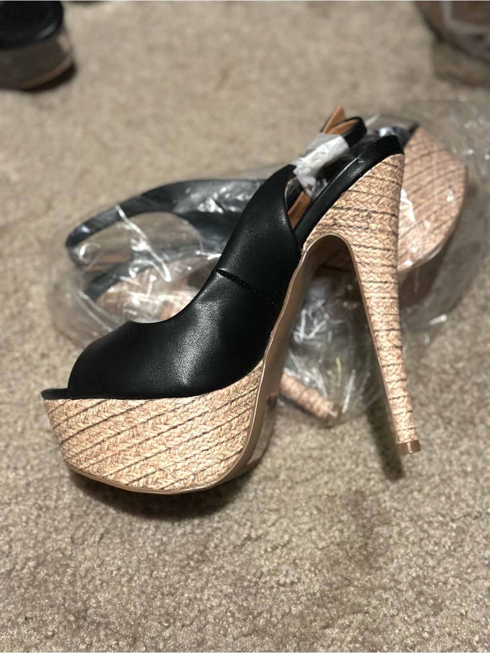 Qupid Black Peep-Toe Platform Heels with Natural Woven Platform